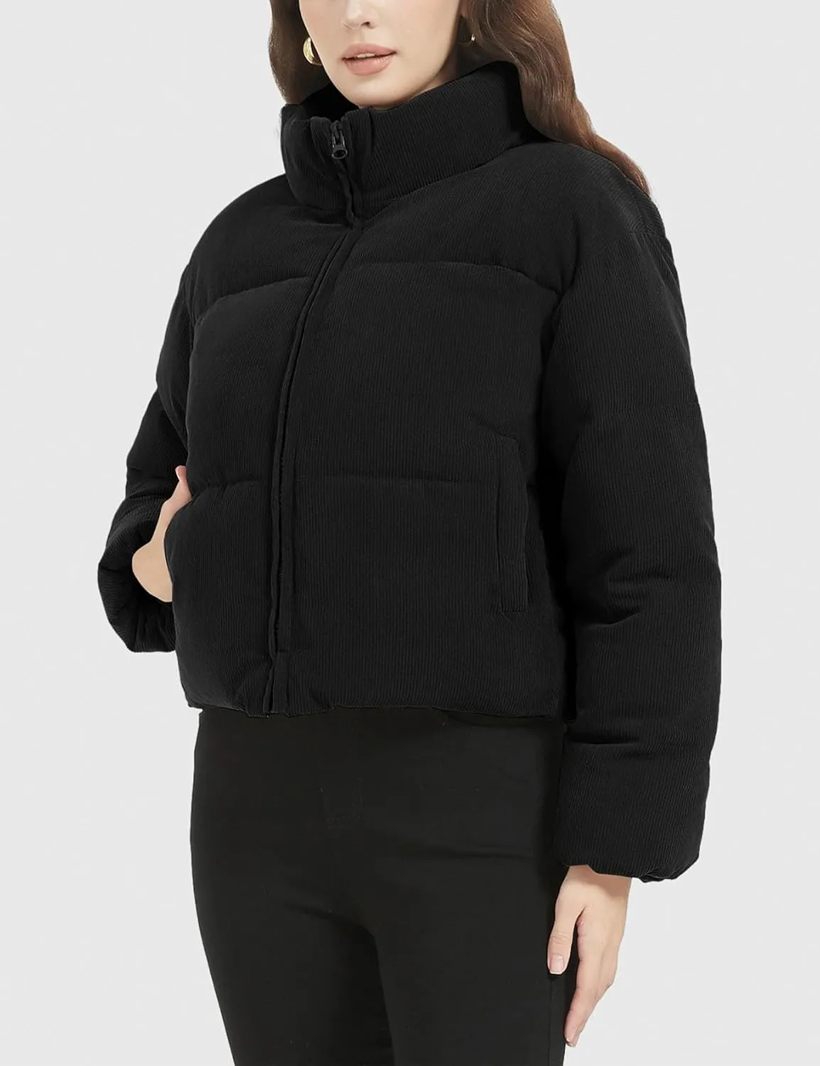 Flygo Womens Cropped Corduroy Puffer Jacket Winter Jackets Warm Long Sleeve Zip Quilted Down Puffer Coat