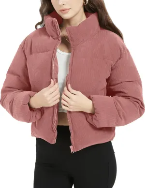 Flygo Womens Cropped Corduroy Puffer Jacket Winter Jackets Warm Long Sleeve Zip Quilted Down Puffer Coat