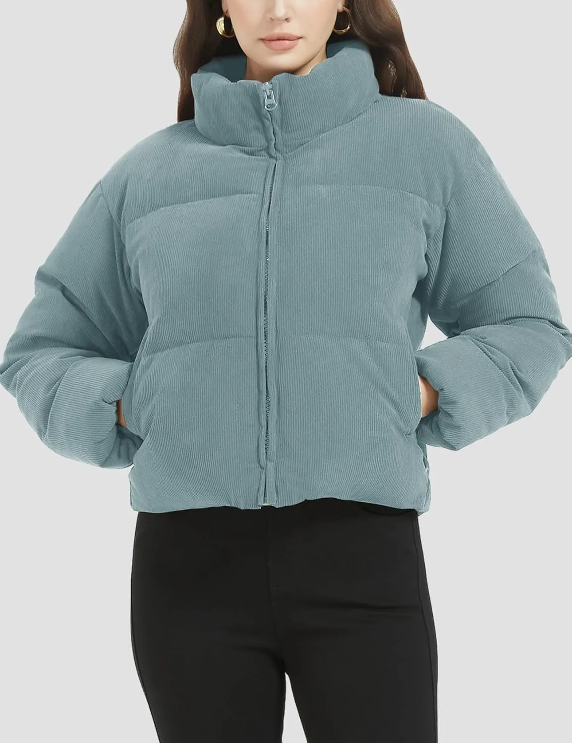 Flygo Womens Cropped Corduroy Puffer Jacket Winter Jackets Warm Long Sleeve Zip Quilted Down Puffer Coat
