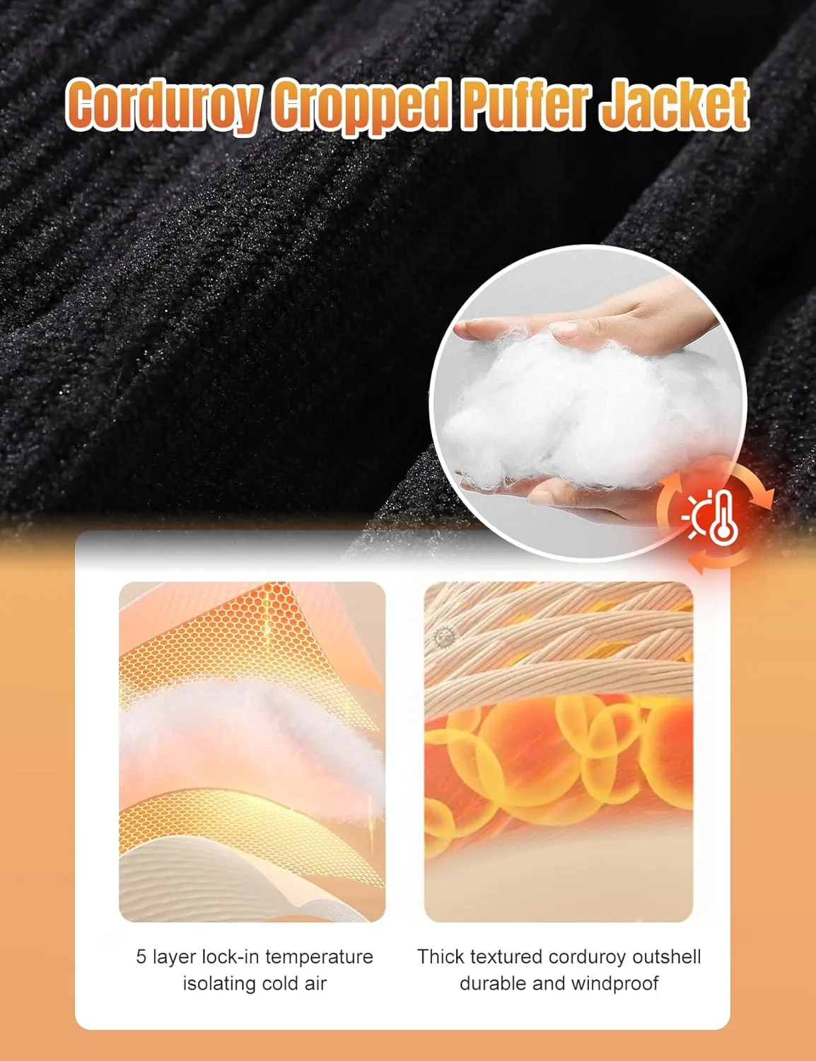 Flygo Womens Cropped Corduroy Puffer Jacket Winter Jackets Warm Long Sleeve Zip Quilted Down Puffer Coat