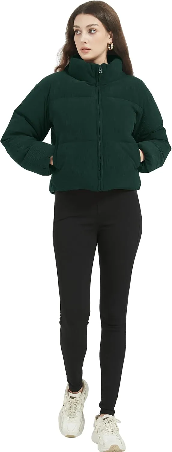 Flygo Womens Cropped Corduroy Puffer Jacket Winter Jackets Warm Long Sleeve Zip Quilted Down Puffer Coat
