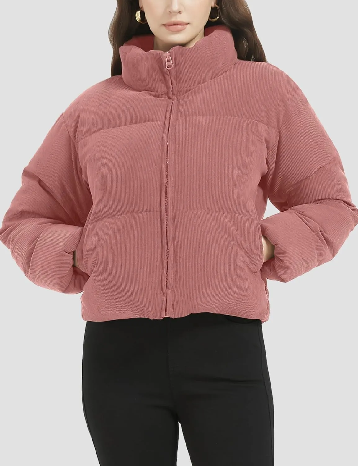 Flygo Womens Cropped Corduroy Puffer Jacket Winter Jackets Warm Long Sleeve Zip Quilted Down Puffer Coat