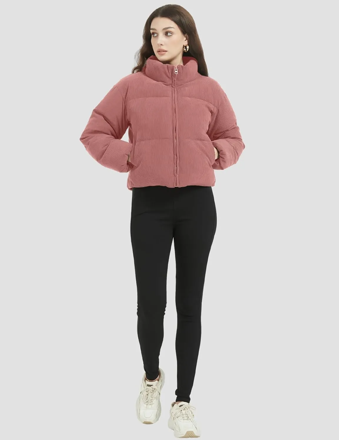 Flygo Womens Cropped Corduroy Puffer Jacket Winter Jackets Warm Long Sleeve Zip Quilted Down Puffer Coat