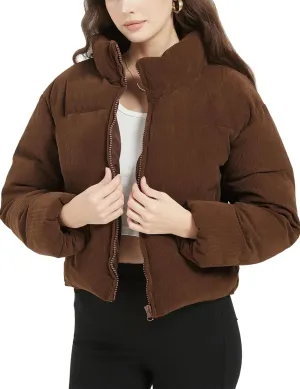Flygo Womens Cropped Corduroy Puffer Jacket Winter Jackets Warm Long Sleeve Zip Quilted Down Puffer Coat