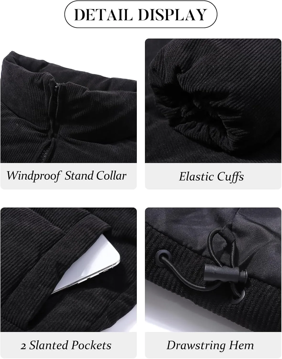 Flygo Womens Cropped Corduroy Puffer Jacket Winter Jackets Warm Long Sleeve Zip Quilted Down Puffer Coat