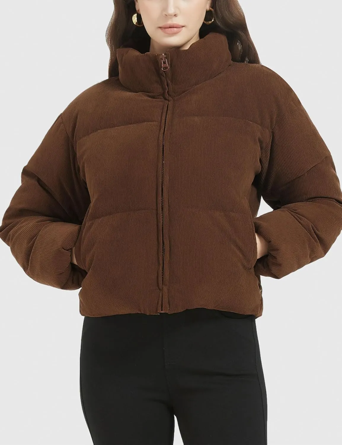 Flygo Womens Cropped Corduroy Puffer Jacket Winter Jackets Warm Long Sleeve Zip Quilted Down Puffer Coat