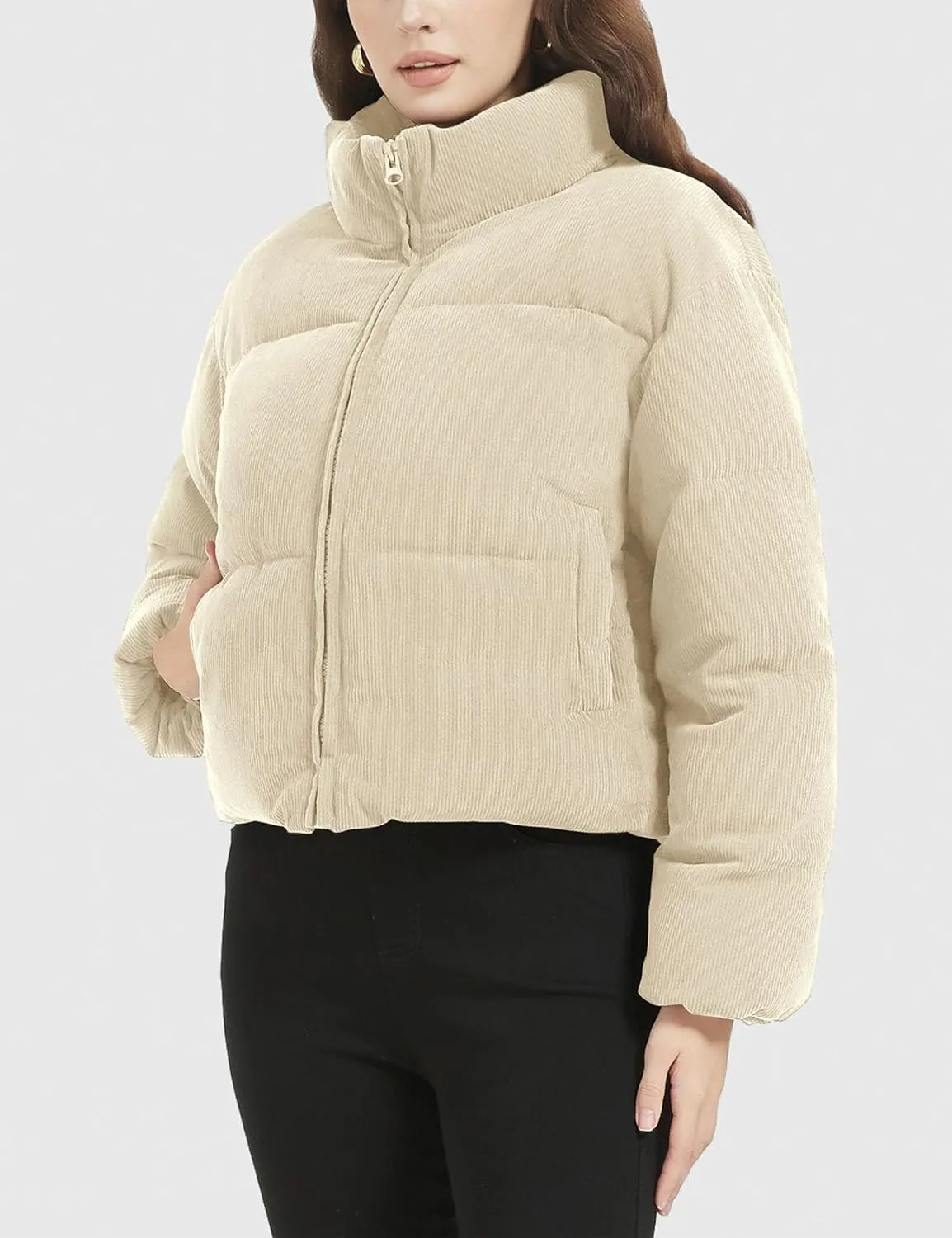 Flygo Womens Cropped Corduroy Puffer Jacket Winter Jackets Warm Long Sleeve Zip Quilted Down Puffer Coat