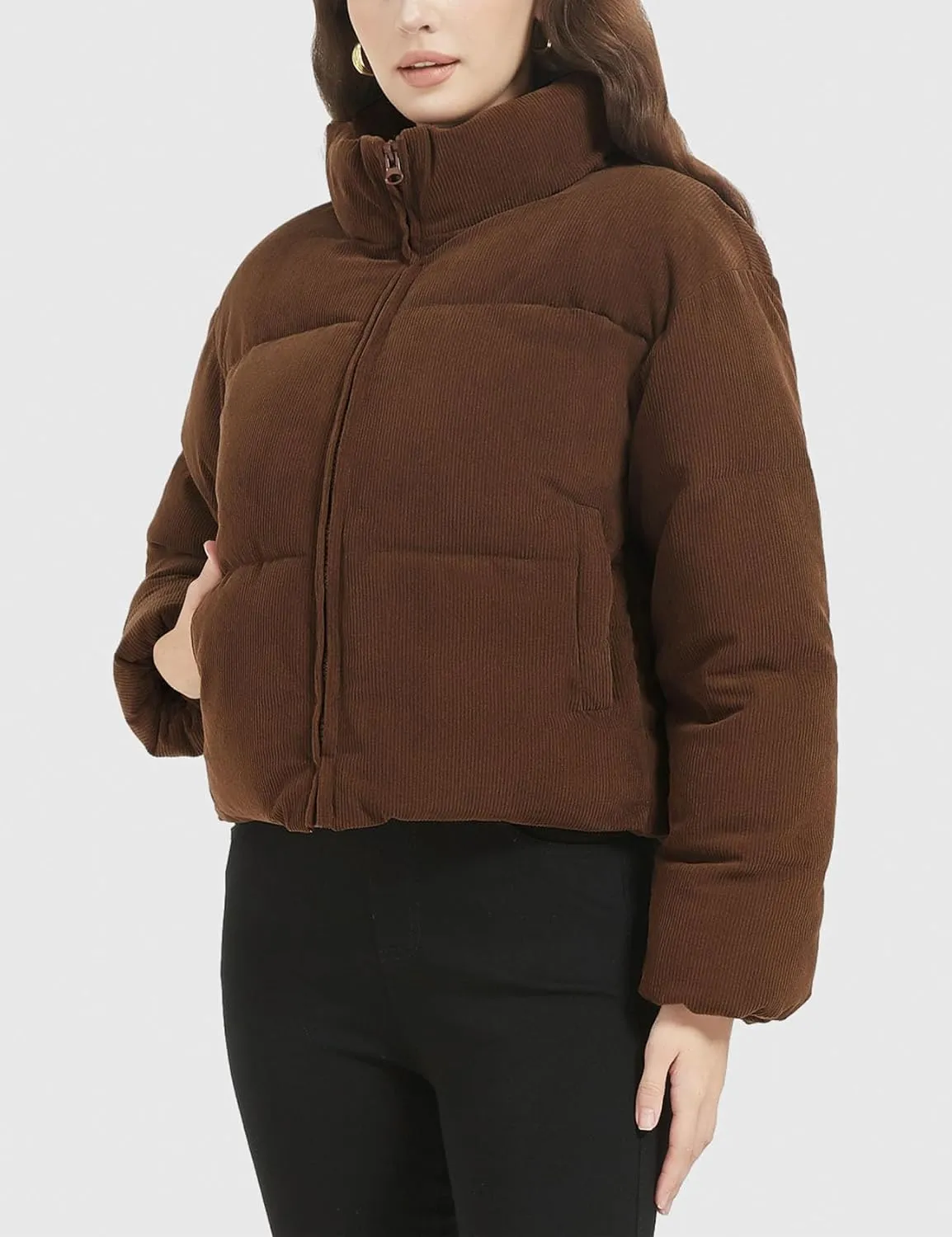 Flygo Womens Cropped Corduroy Puffer Jacket Winter Jackets Warm Long Sleeve Zip Quilted Down Puffer Coat