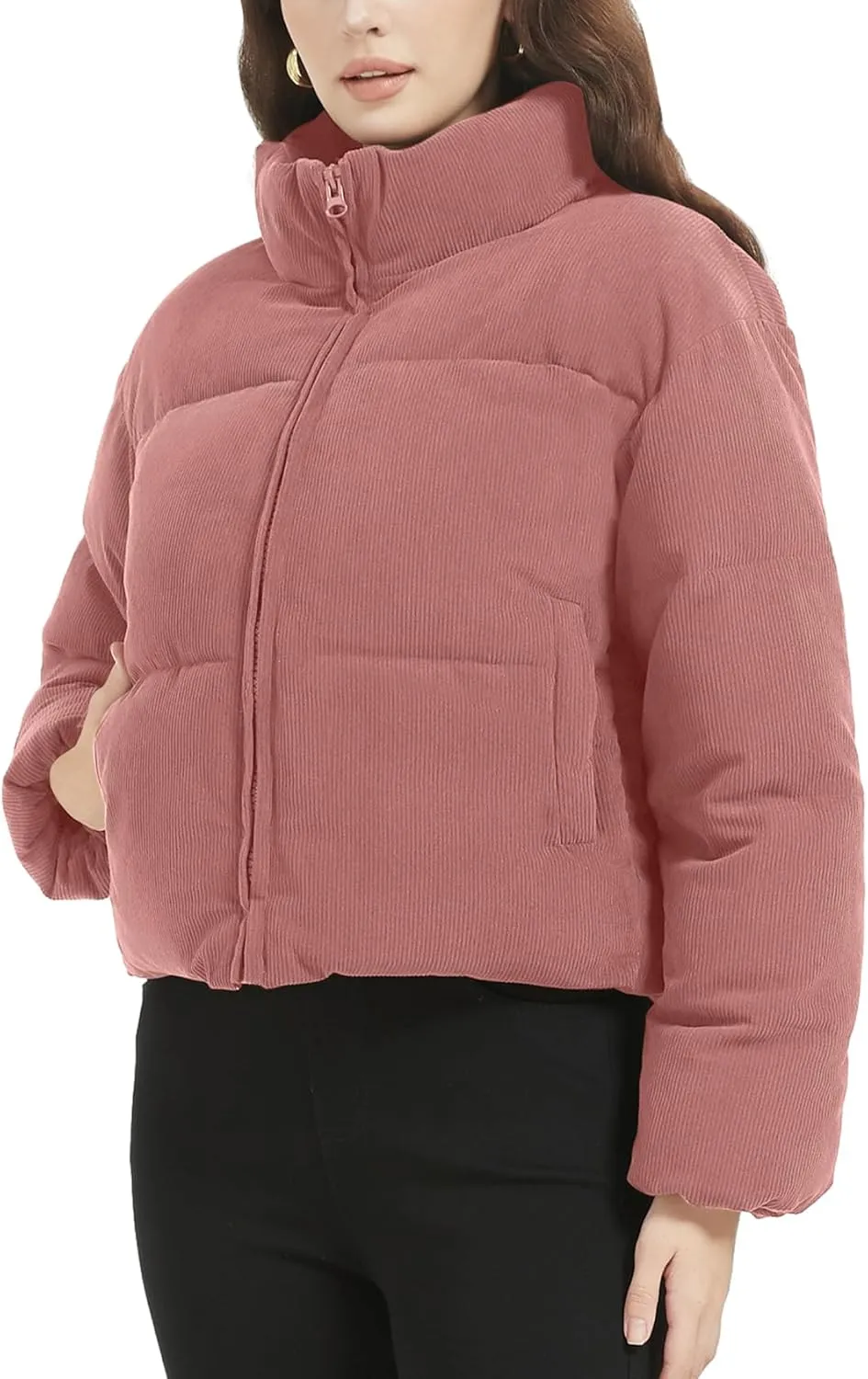 Flygo Womens Cropped Corduroy Puffer Jacket Winter Jackets Warm Long Sleeve Zip Quilted Down Puffer Coat