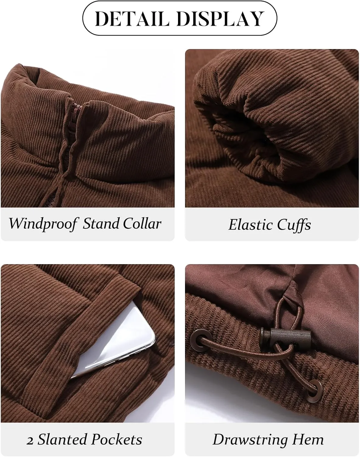 Flygo Womens Cropped Corduroy Puffer Jacket Winter Jackets Warm Long Sleeve Zip Quilted Down Puffer Coat