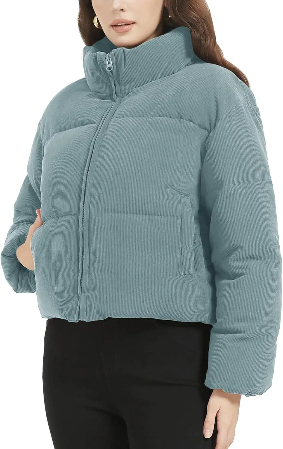 Flygo Womens Cropped Corduroy Puffer Jacket Winter Jackets Warm Long Sleeve Zip Quilted Down Puffer Coat