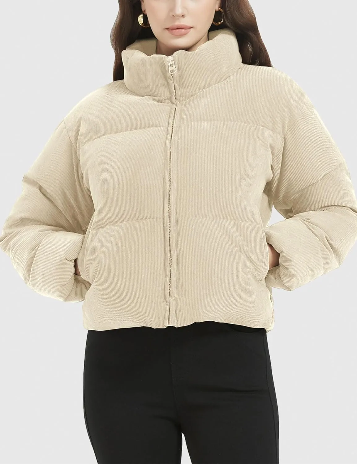 Flygo Womens Cropped Corduroy Puffer Jacket Winter Jackets Warm Long Sleeve Zip Quilted Down Puffer Coat