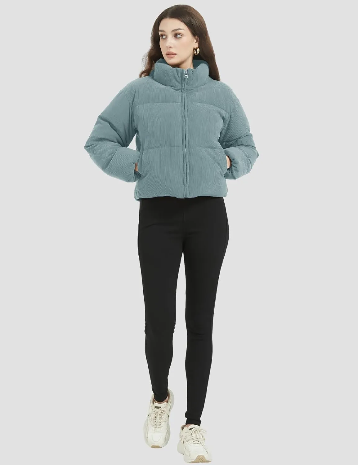 Flygo Womens Cropped Corduroy Puffer Jacket Winter Jackets Warm Long Sleeve Zip Quilted Down Puffer Coat