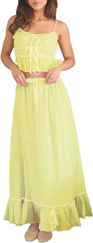 FOMOYUU Women Y2K 2 Piece Skirt Sets Ruched Crop Cami Top and Long Skirt Set Summer Vacation Going Out Matching Outfits