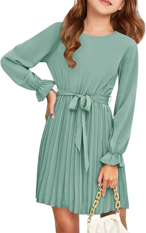 Foshow Girls Puff Long Sleeve Dresses Kids A Line Pleated Wrap Belt Crew Neck Flowy Holiday Midi Dress