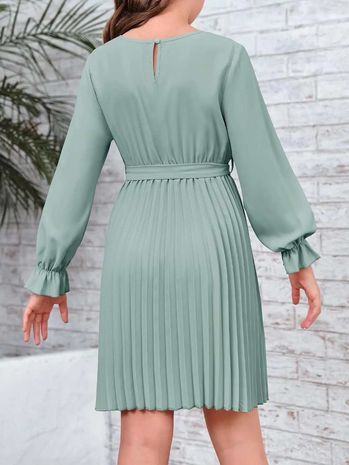 Foshow Girls Puff Long Sleeve Dresses Kids A Line Pleated Wrap Belt Crew Neck Flowy Holiday Midi Dress