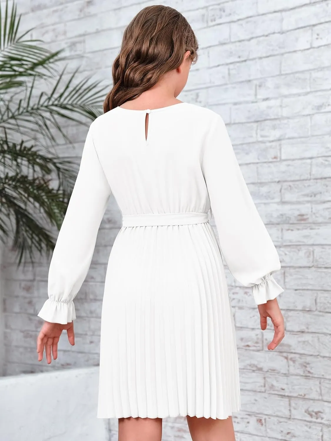 Foshow Girls Puff Long Sleeve Dresses Kids A Line Pleated Wrap Belt Crew Neck Flowy Holiday Midi Dress