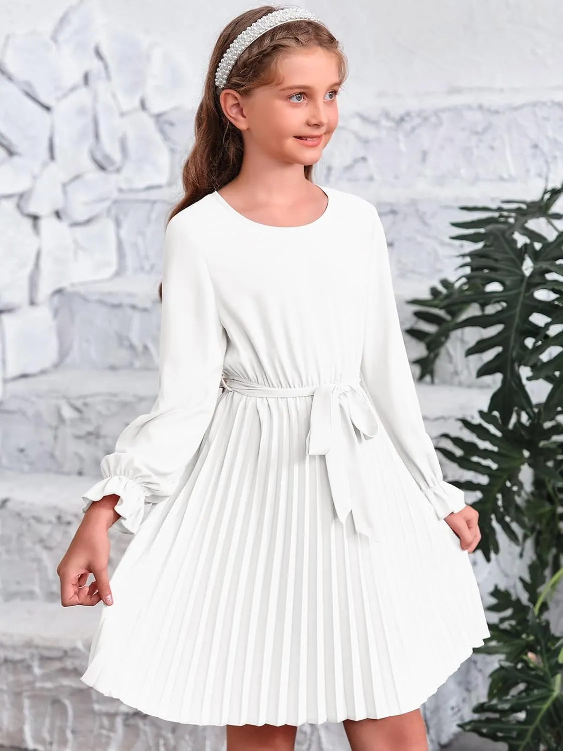 Foshow Girls Puff Long Sleeve Dresses Kids A Line Pleated Wrap Belt Crew Neck Flowy Holiday Midi Dress