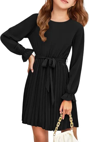 Foshow Girls Puff Long Sleeve Dresses Kids A Line Pleated Wrap Belt Crew Neck Flowy Holiday Midi Dress