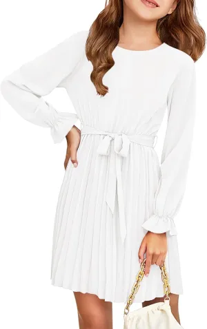 Foshow Girls Puff Long Sleeve Dresses Kids A Line Pleated Wrap Belt Crew Neck Flowy Holiday Midi Dress