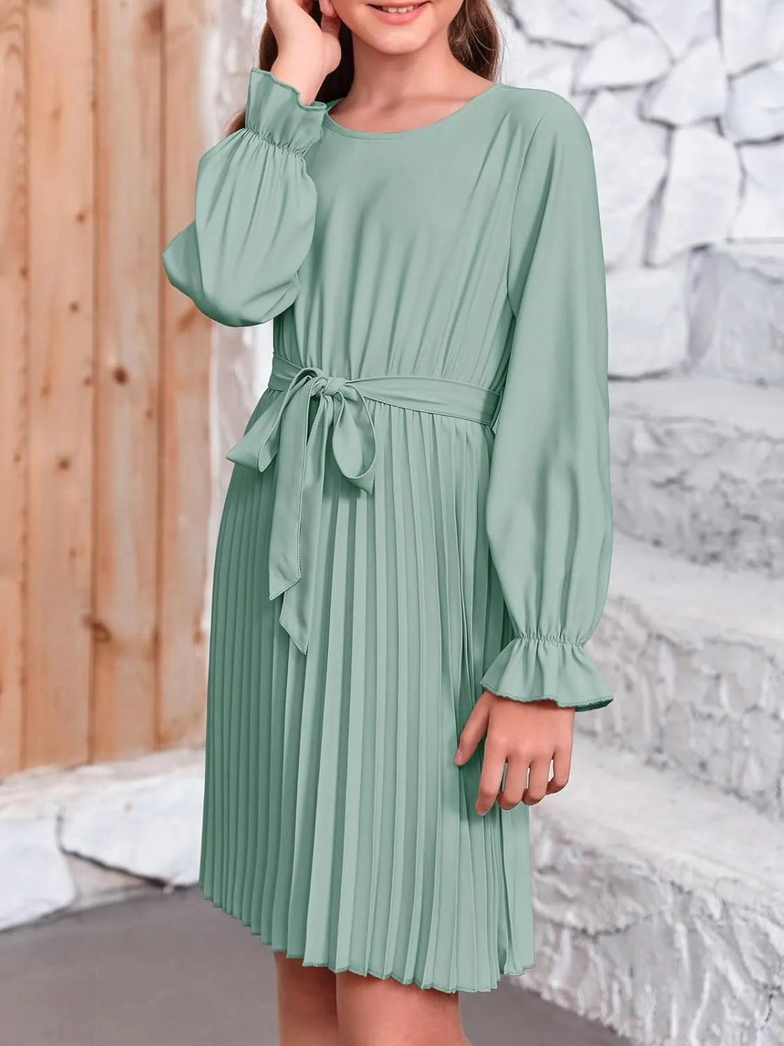 Foshow Girls Puff Long Sleeve Dresses Kids A Line Pleated Wrap Belt Crew Neck Flowy Holiday Midi Dress