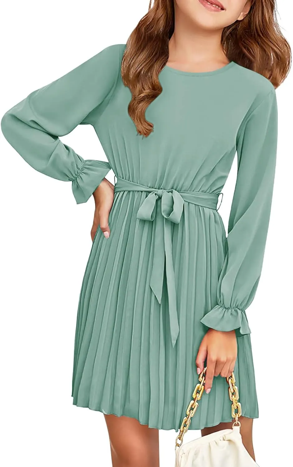 Foshow Girls Puff Long Sleeve Dresses Kids A Line Pleated Wrap Belt Crew Neck Flowy Holiday Midi Dress