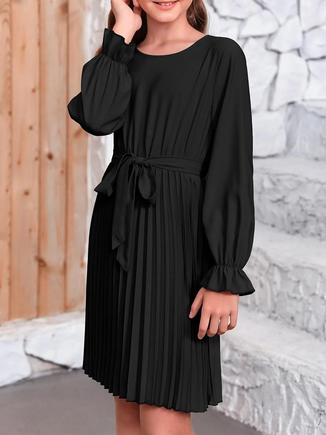 Foshow Girls Puff Long Sleeve Dresses Kids A Line Pleated Wrap Belt Crew Neck Flowy Holiday Midi Dress