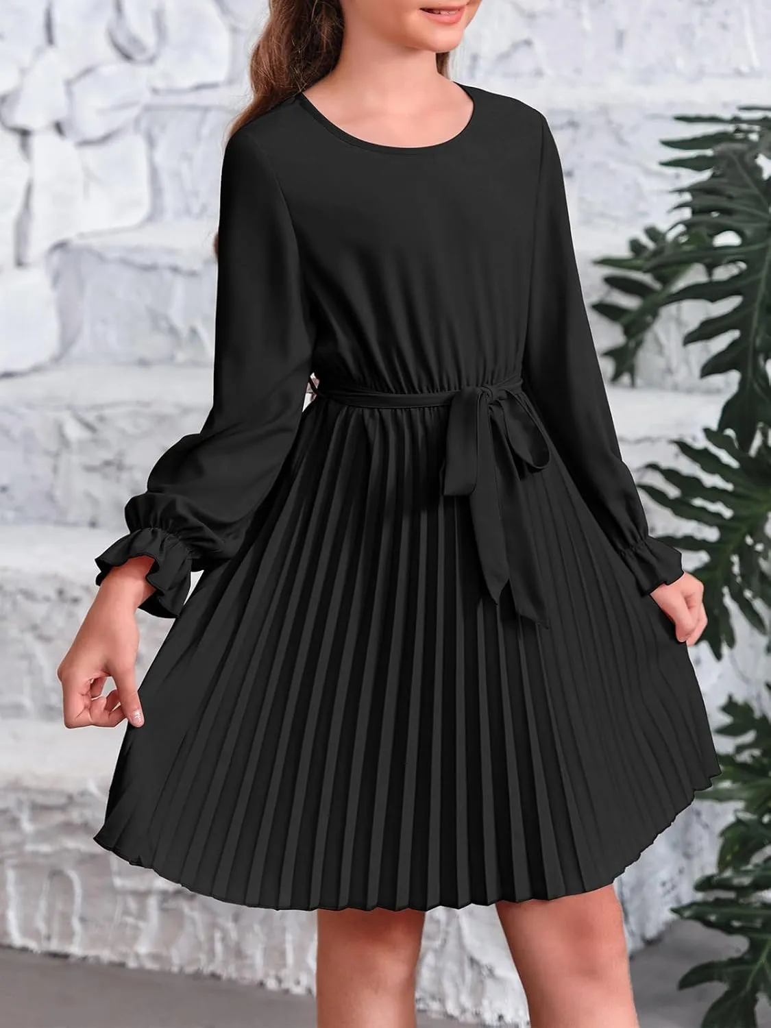 Foshow Girls Puff Long Sleeve Dresses Kids A Line Pleated Wrap Belt Crew Neck Flowy Holiday Midi Dress