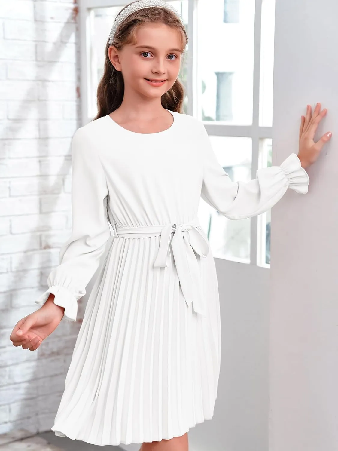 Foshow Girls Puff Long Sleeve Dresses Kids A Line Pleated Wrap Belt Crew Neck Flowy Holiday Midi Dress