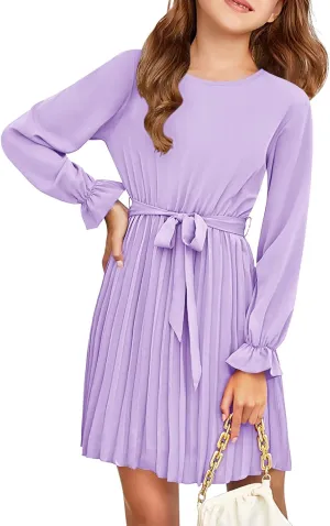 Foshow Girls Puff Long Sleeve Dresses Kids A Line Pleated Wrap Belt Crew Neck Flowy Holiday Midi Dress