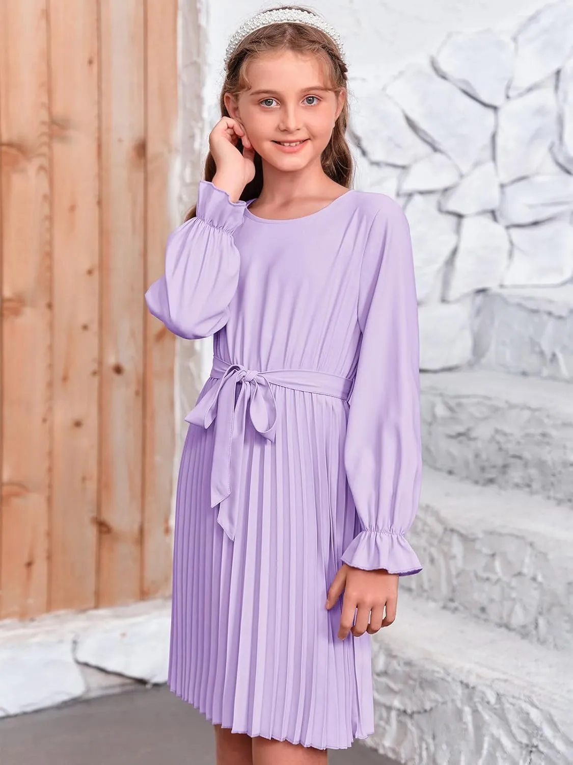 Foshow Girls Puff Long Sleeve Dresses Kids A Line Pleated Wrap Belt Crew Neck Flowy Holiday Midi Dress