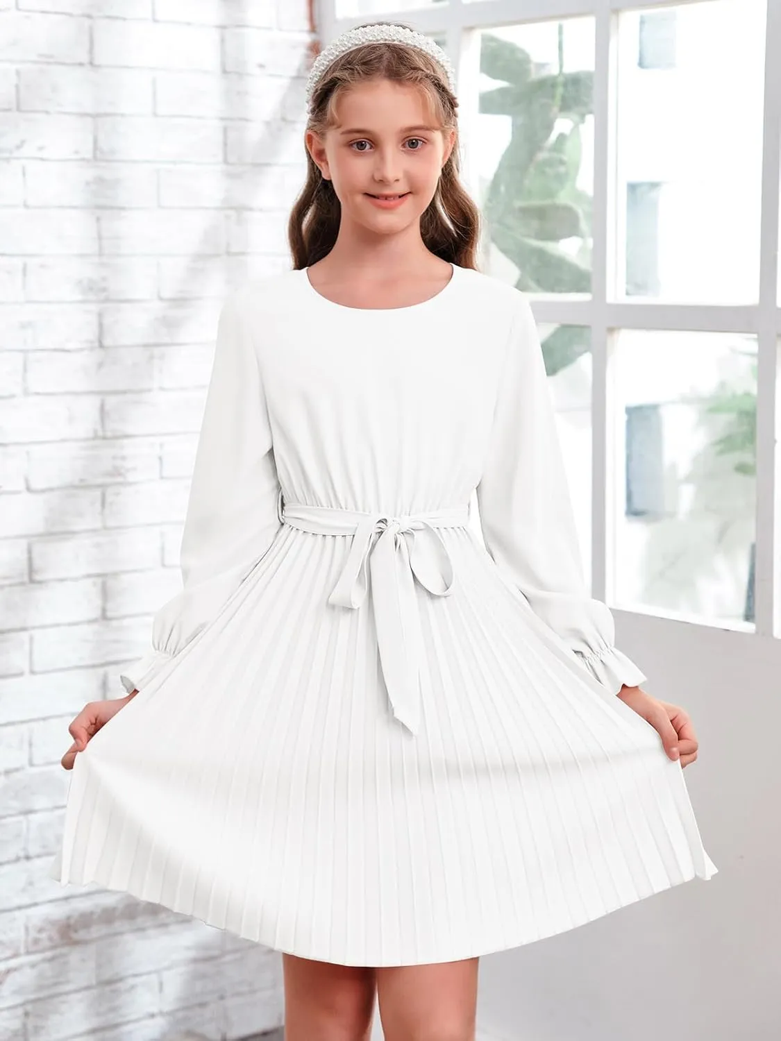 Foshow Girls Puff Long Sleeve Dresses Kids A Line Pleated Wrap Belt Crew Neck Flowy Holiday Midi Dress