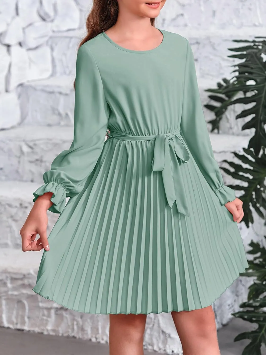 Foshow Girls Puff Long Sleeve Dresses Kids A Line Pleated Wrap Belt Crew Neck Flowy Holiday Midi Dress