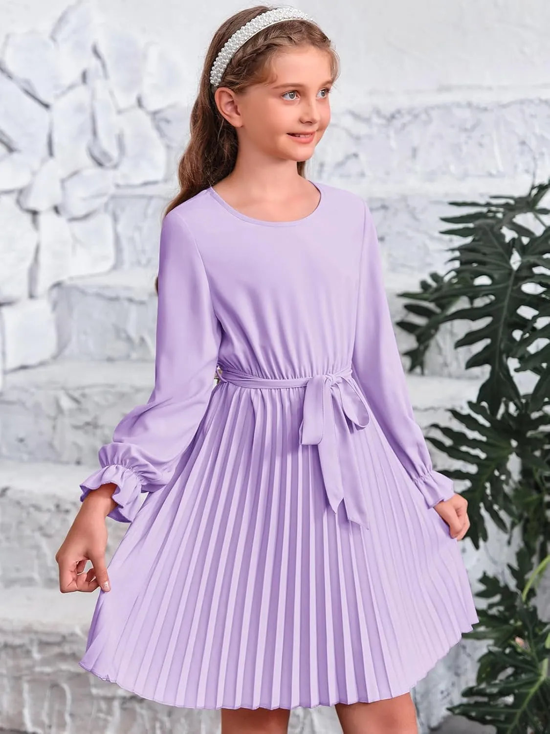 Foshow Girls Puff Long Sleeve Dresses Kids A Line Pleated Wrap Belt Crew Neck Flowy Holiday Midi Dress