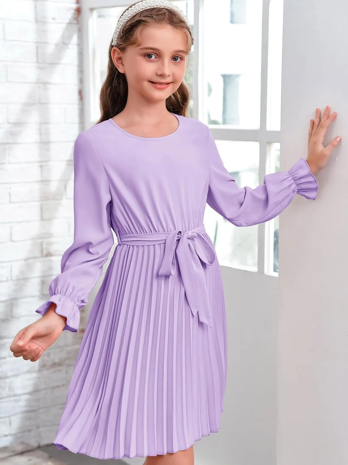 Foshow Girls Puff Long Sleeve Dresses Kids A Line Pleated Wrap Belt Crew Neck Flowy Holiday Midi Dress