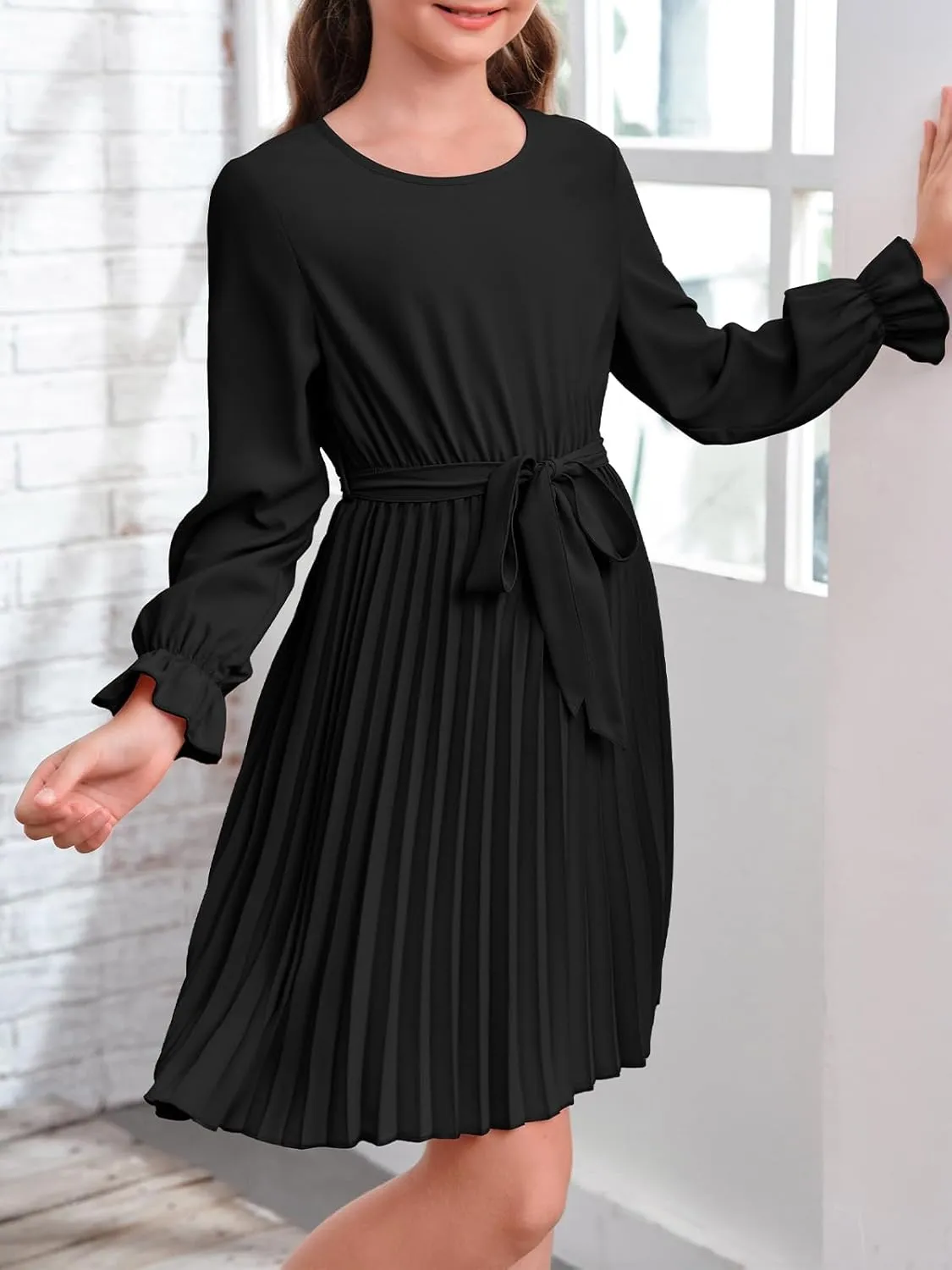 Foshow Girls Puff Long Sleeve Dresses Kids A Line Pleated Wrap Belt Crew Neck Flowy Holiday Midi Dress