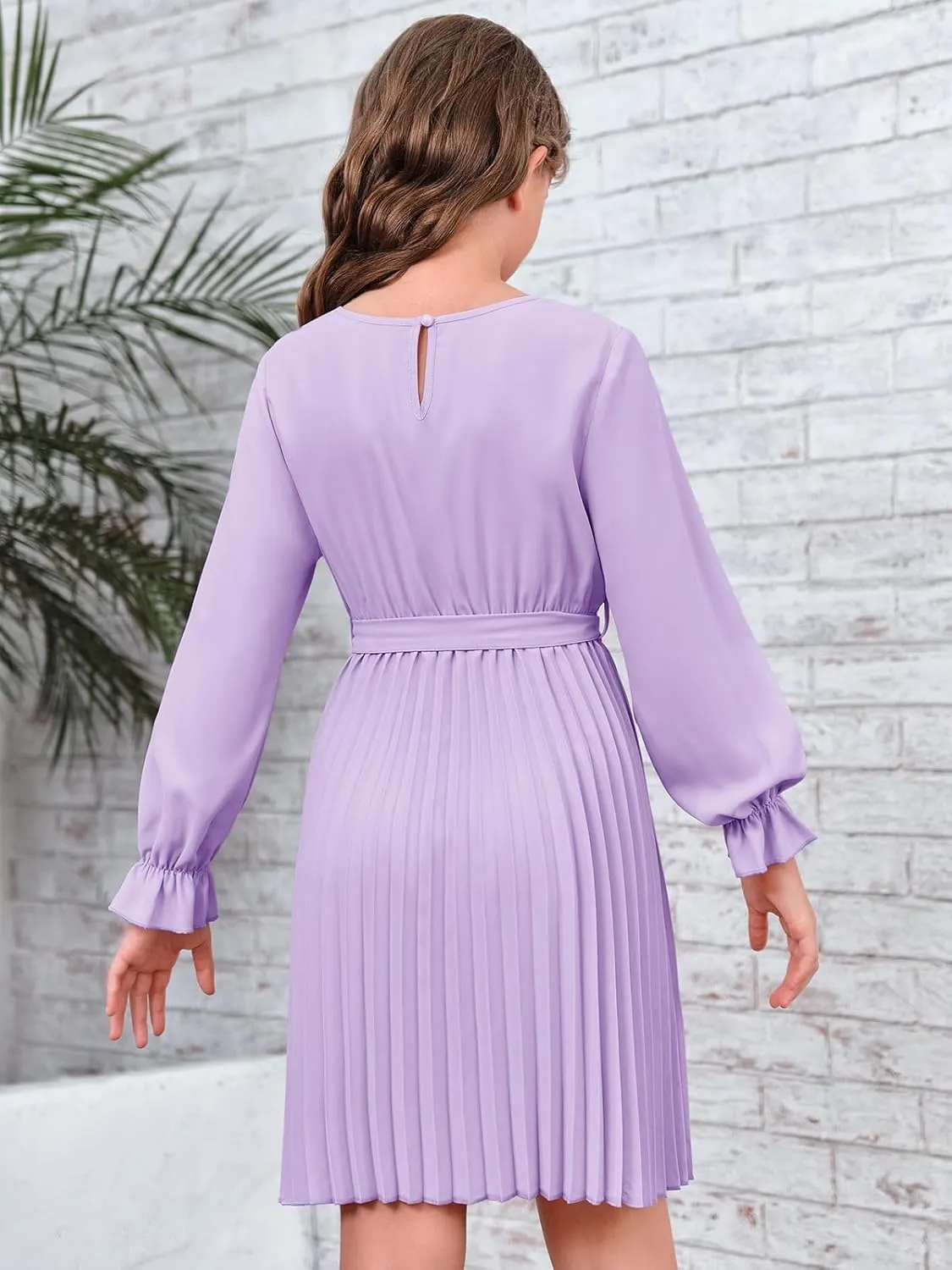 Foshow Girls Puff Long Sleeve Dresses Kids A Line Pleated Wrap Belt Crew Neck Flowy Holiday Midi Dress