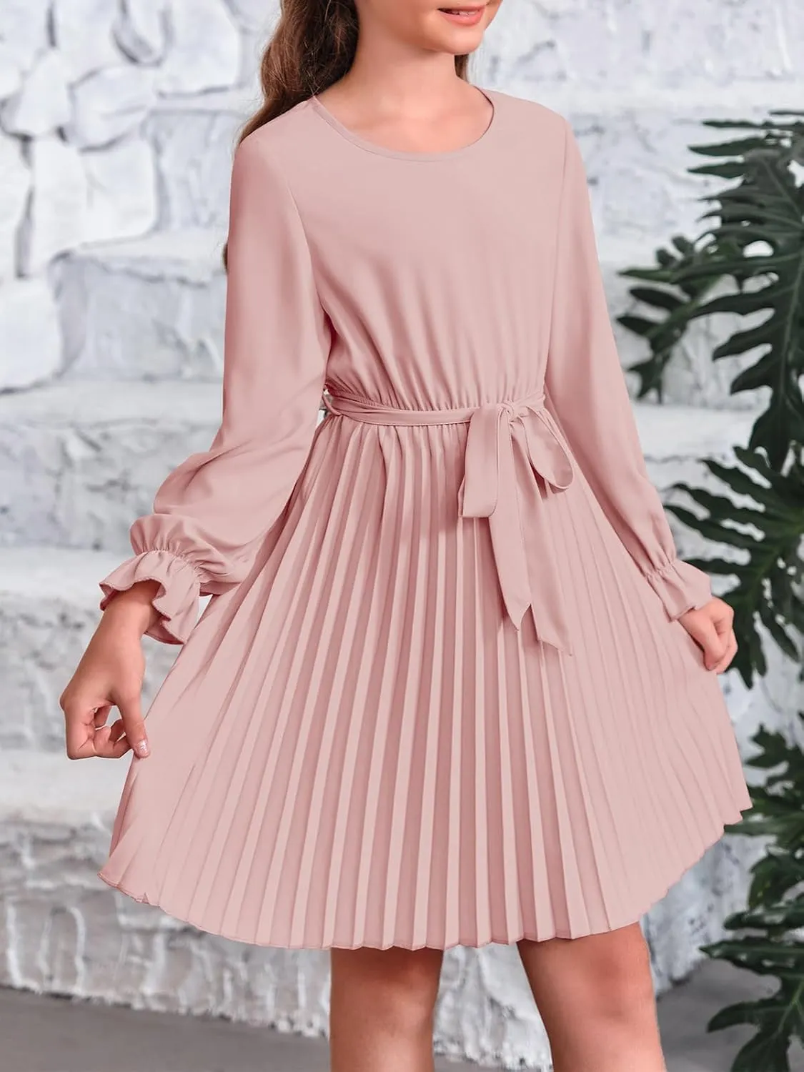 Foshow Girls Puff Long Sleeve Dresses Kids A Line Pleated Wrap Belt Crew Neck Flowy Holiday Midi Dress