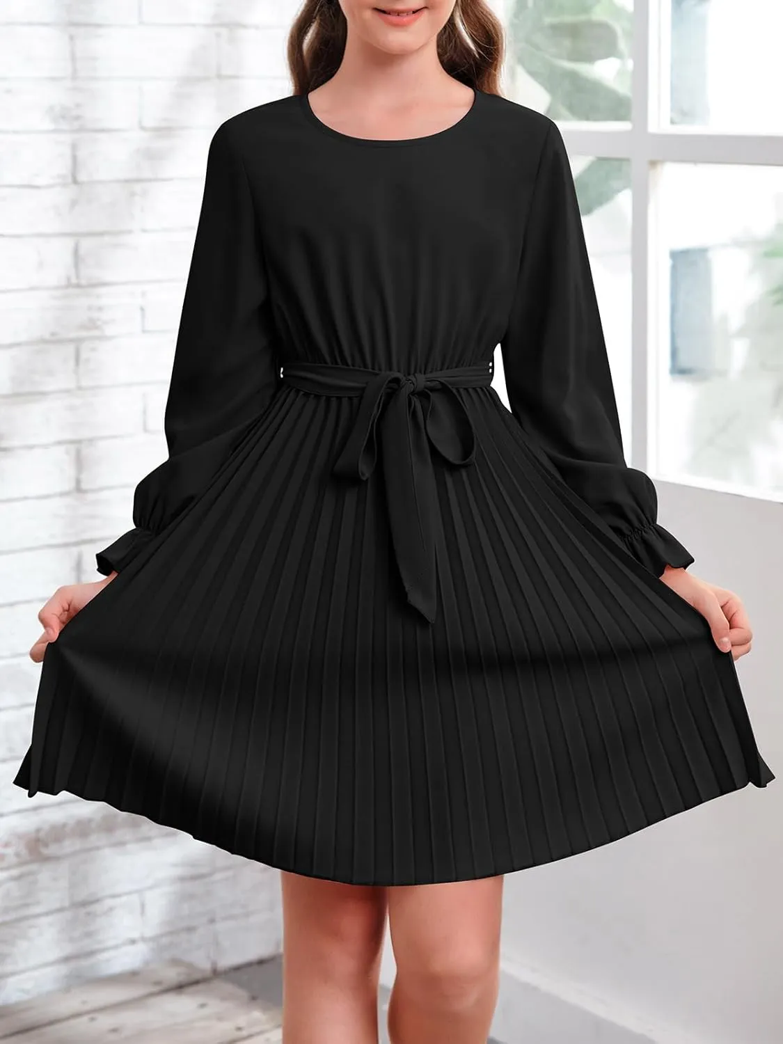 Foshow Girls Puff Long Sleeve Dresses Kids A Line Pleated Wrap Belt Crew Neck Flowy Holiday Midi Dress