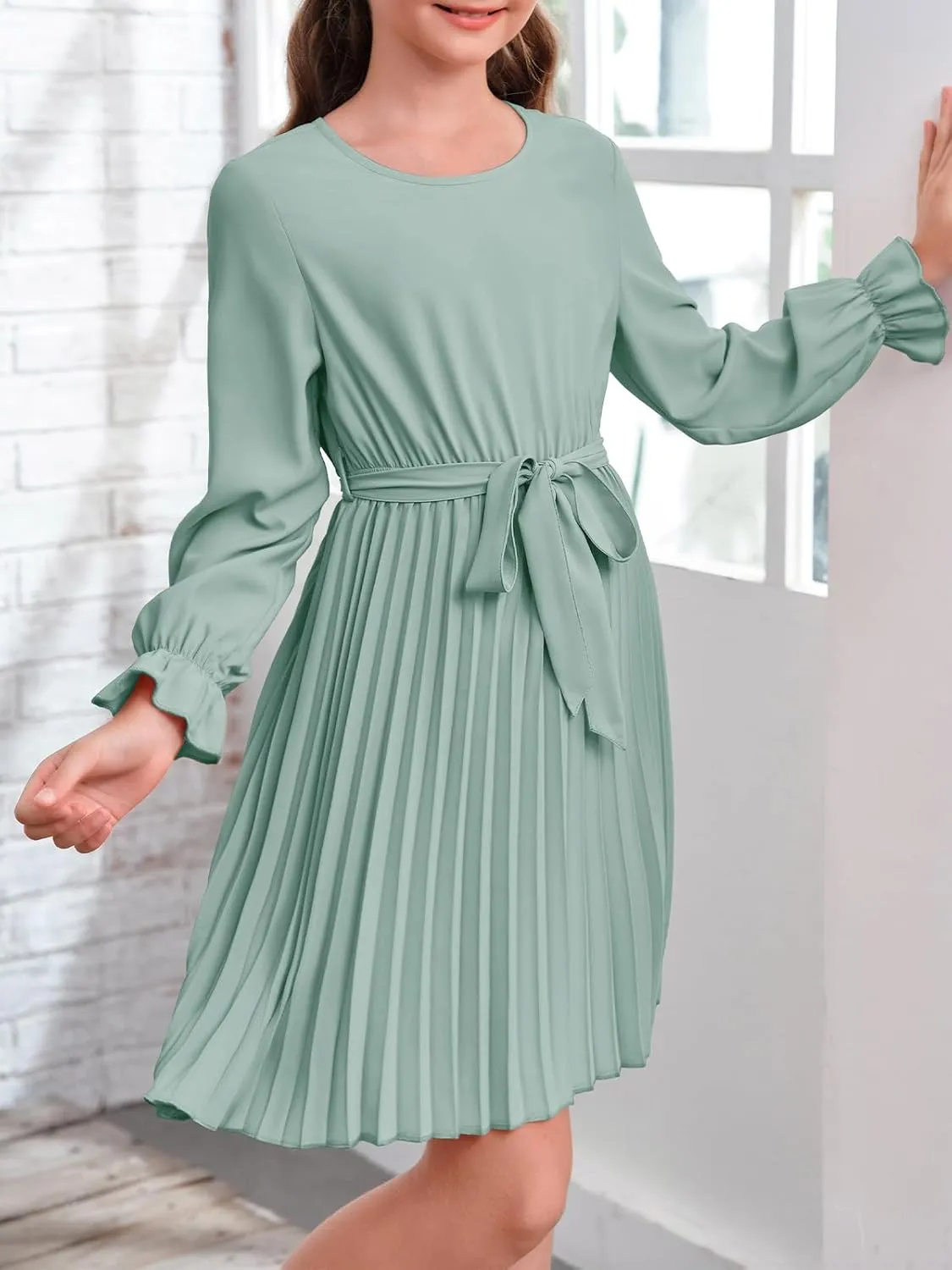 Foshow Girls Puff Long Sleeve Dresses Kids A Line Pleated Wrap Belt Crew Neck Flowy Holiday Midi Dress