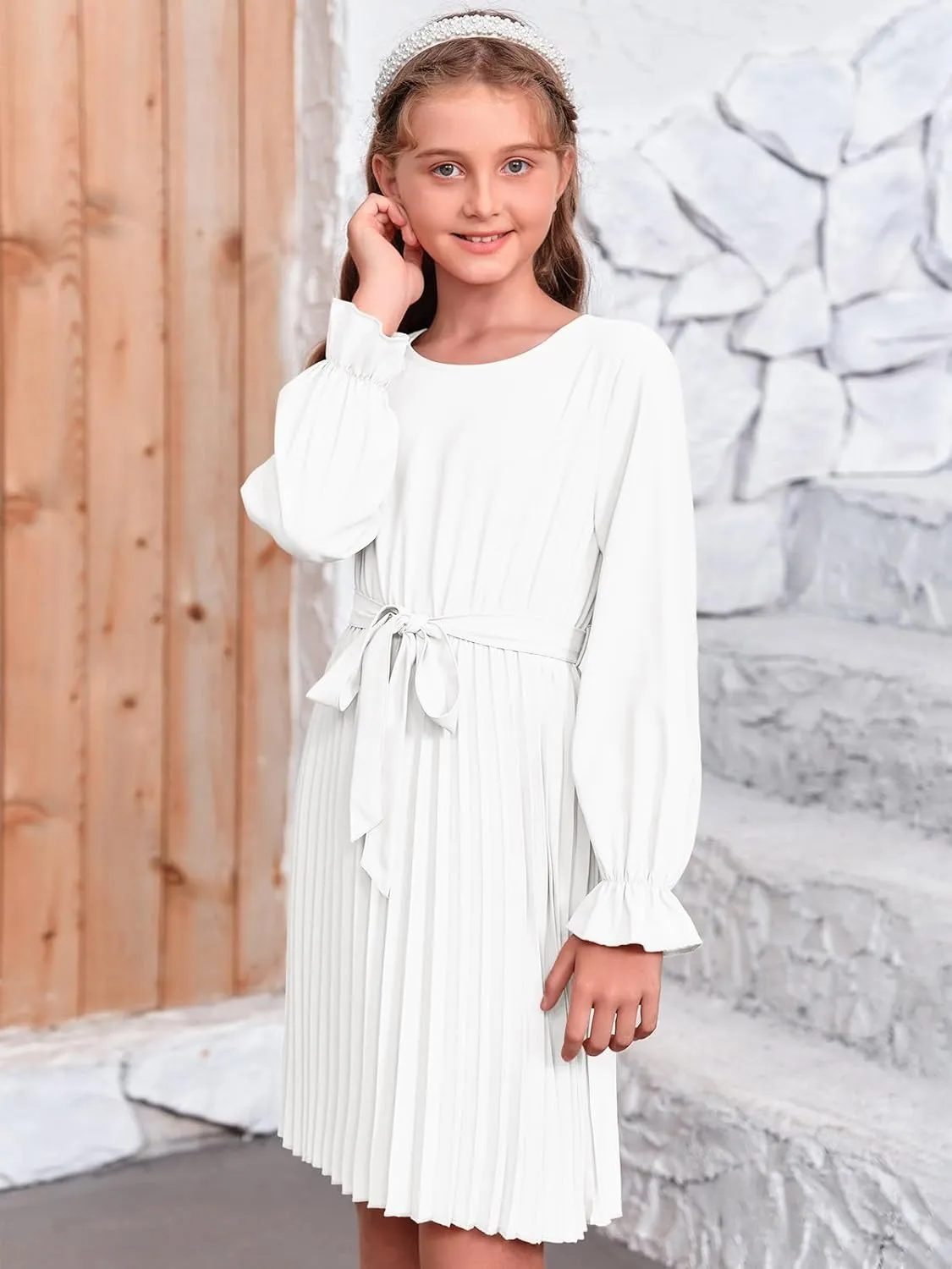 Foshow Girls Puff Long Sleeve Dresses Kids A Line Pleated Wrap Belt Crew Neck Flowy Holiday Midi Dress