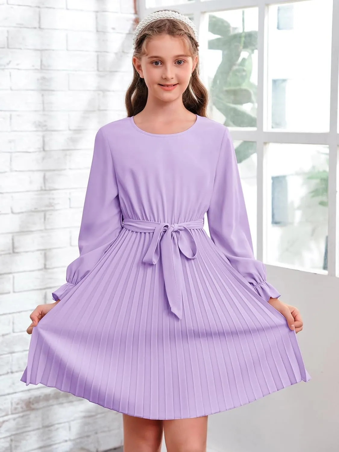 Foshow Girls Puff Long Sleeve Dresses Kids A Line Pleated Wrap Belt Crew Neck Flowy Holiday Midi Dress