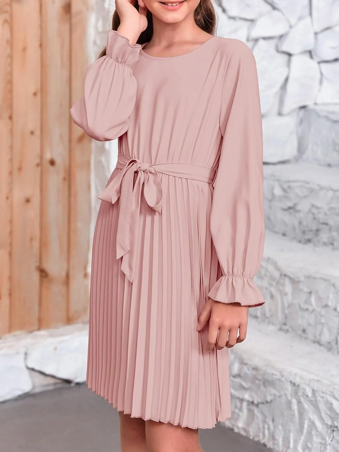 Foshow Girls Puff Long Sleeve Dresses Kids A Line Pleated Wrap Belt Crew Neck Flowy Holiday Midi Dress