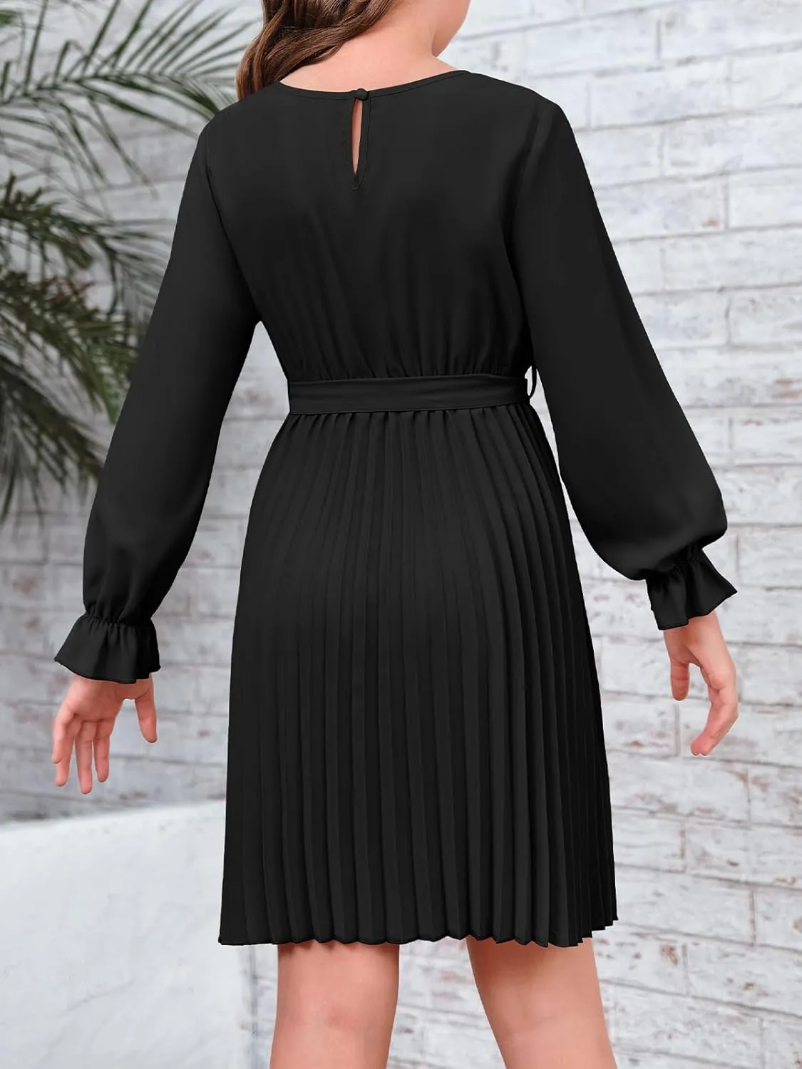 Foshow Girls Puff Long Sleeve Dresses Kids A Line Pleated Wrap Belt Crew Neck Flowy Holiday Midi Dress