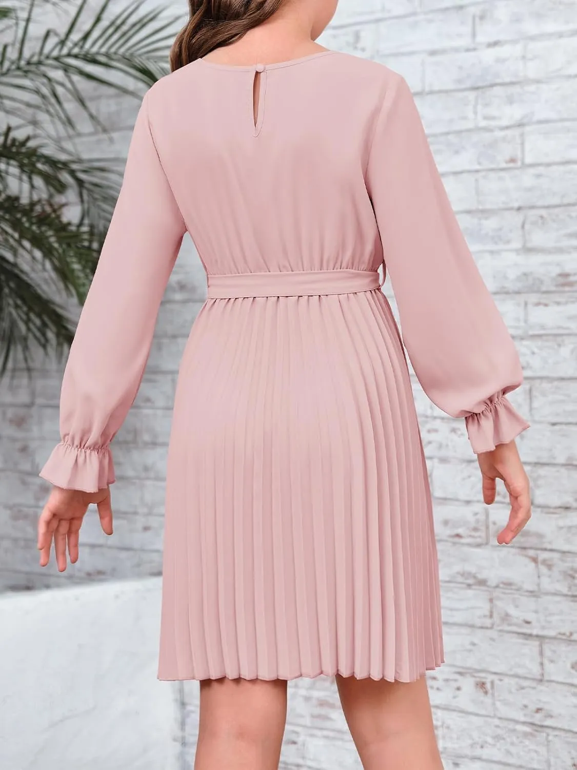 Foshow Girls Puff Long Sleeve Dresses Kids A Line Pleated Wrap Belt Crew Neck Flowy Holiday Midi Dress