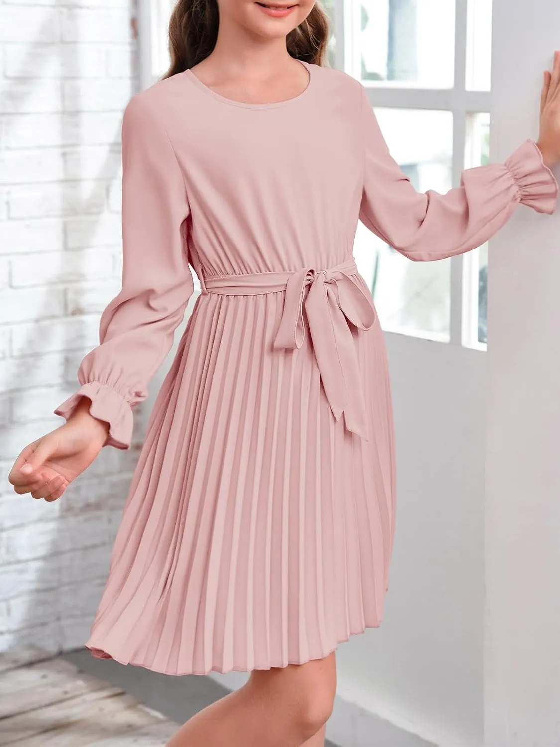 Foshow Girls Puff Long Sleeve Dresses Kids A Line Pleated Wrap Belt Crew Neck Flowy Holiday Midi Dress