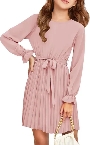Foshow Girls Puff Long Sleeve Dresses Kids A Line Pleated Wrap Belt Crew Neck Flowy Holiday Midi Dress