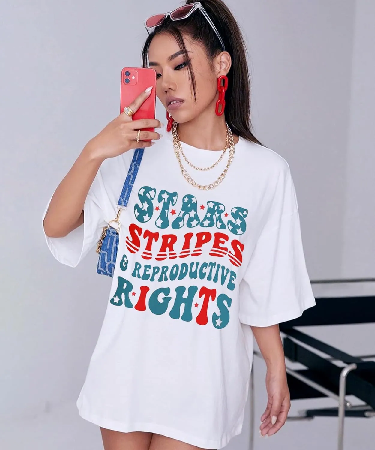 Fourth of July Shirts for Women Stars and Stripes Oversized Shirt Rights Graphic Loose Fit Tops