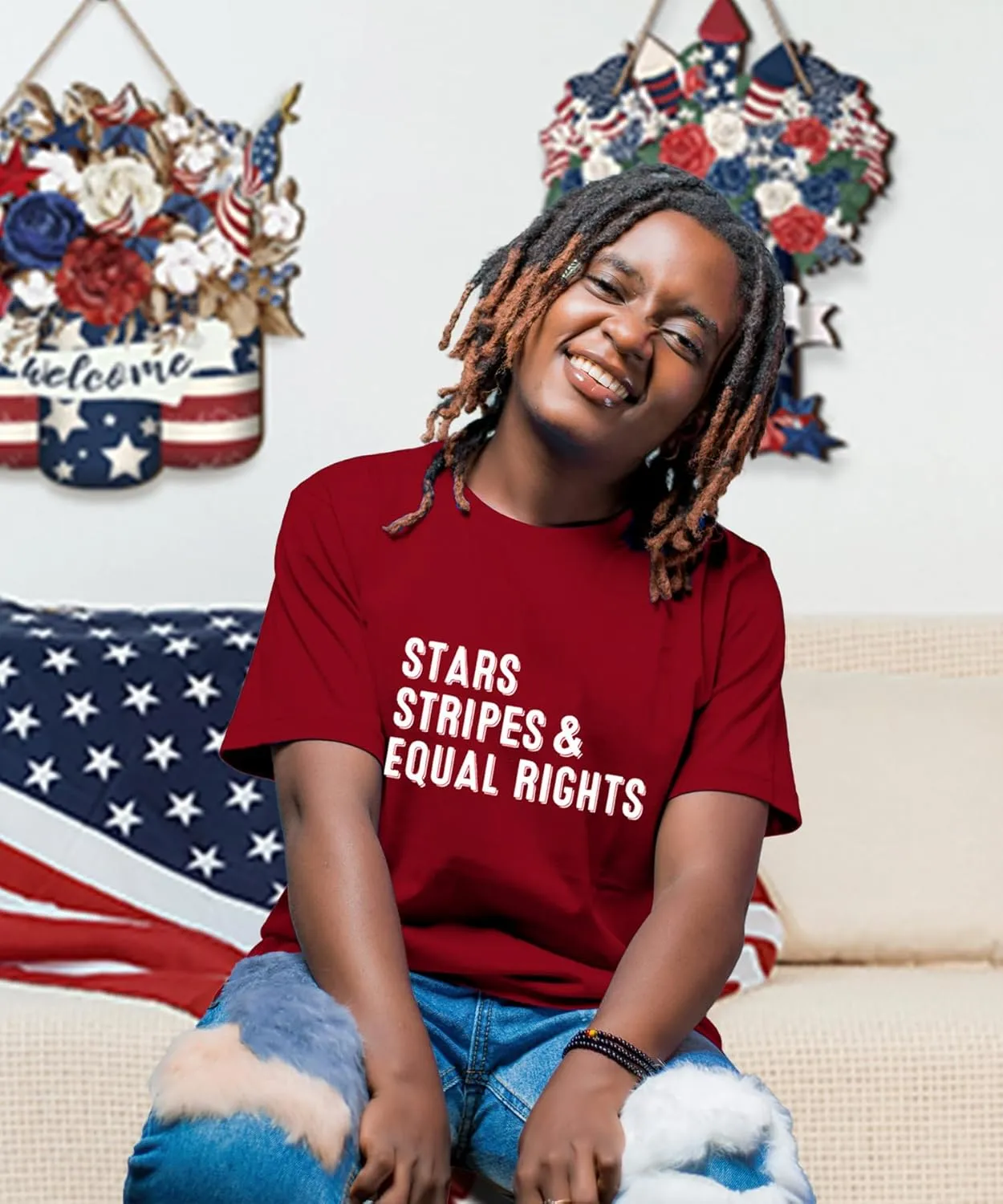 Fourth of July Shirts for Women Stars and Stripes Oversized Shirt Rights Graphic Loose Fit Tops