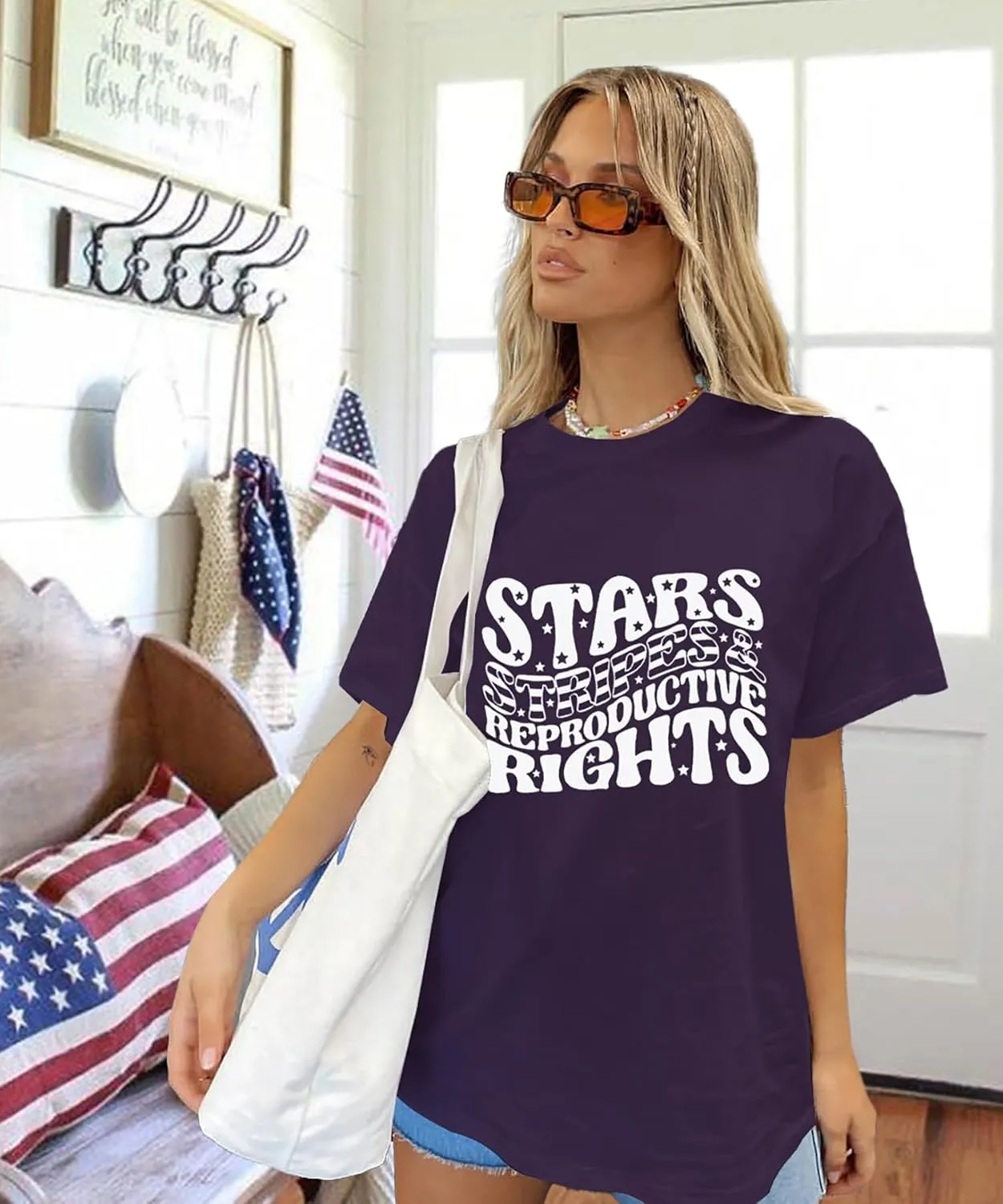 Fourth of July Shirts for Women Stars and Stripes Oversized Shirt Rights Graphic Loose Fit Tops